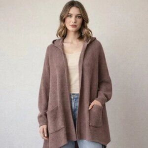 Aerie Oversized Open Knit Cardigan XL Brown Mauve Sweater Souchy Lagenlook Hood